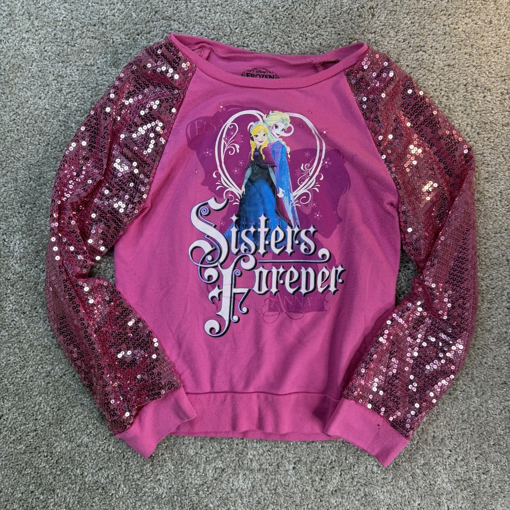 Disney Frozen Sweatshirt Girls 14-16 Pink Sisters Forever Sequin Sleeve Pullover